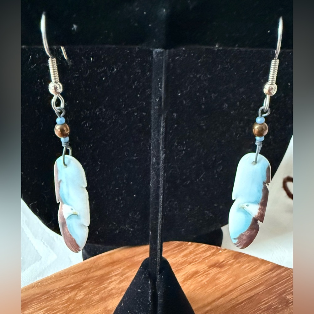 VTG Ceramic Feather Eagle Dangling Blue and Brown Pierced Earrings